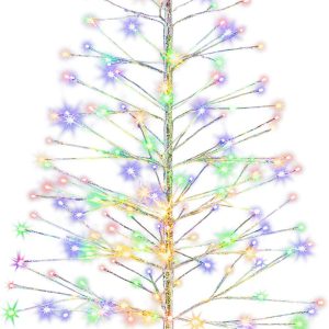 Alpine Corporation 60" H Indoor/Outdoor Artificial Christmas Tree with Multi-Colored LED Lights, Silver, Christmas Decoration