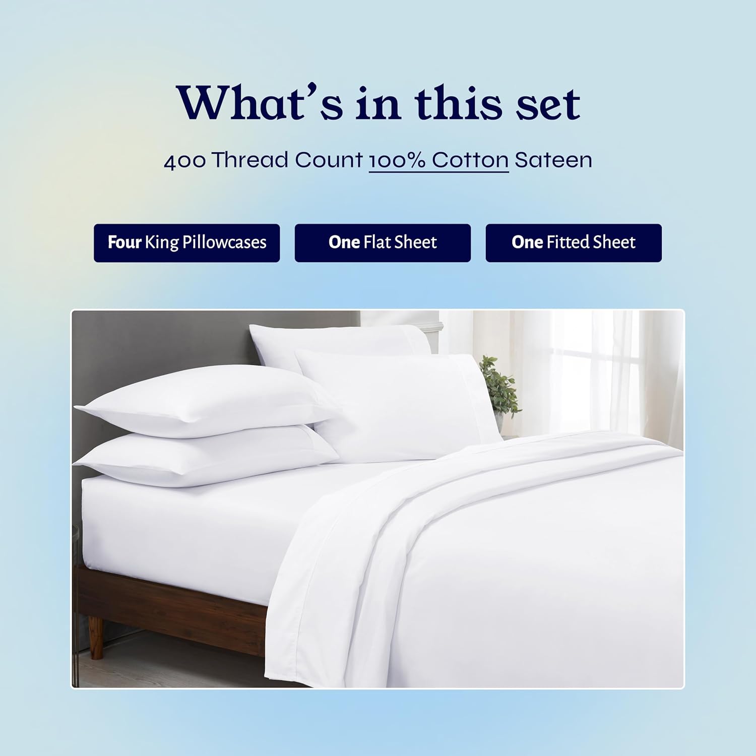 California Design Den 6 Pc King Size Sheet Set with 4 Pillowcases - Soft 400 Thread Count 100% Cotton Sheets, Sateen, Deep Pockets with All Around Elastic, Cool & Durable Bedding Set - White - Image 3
