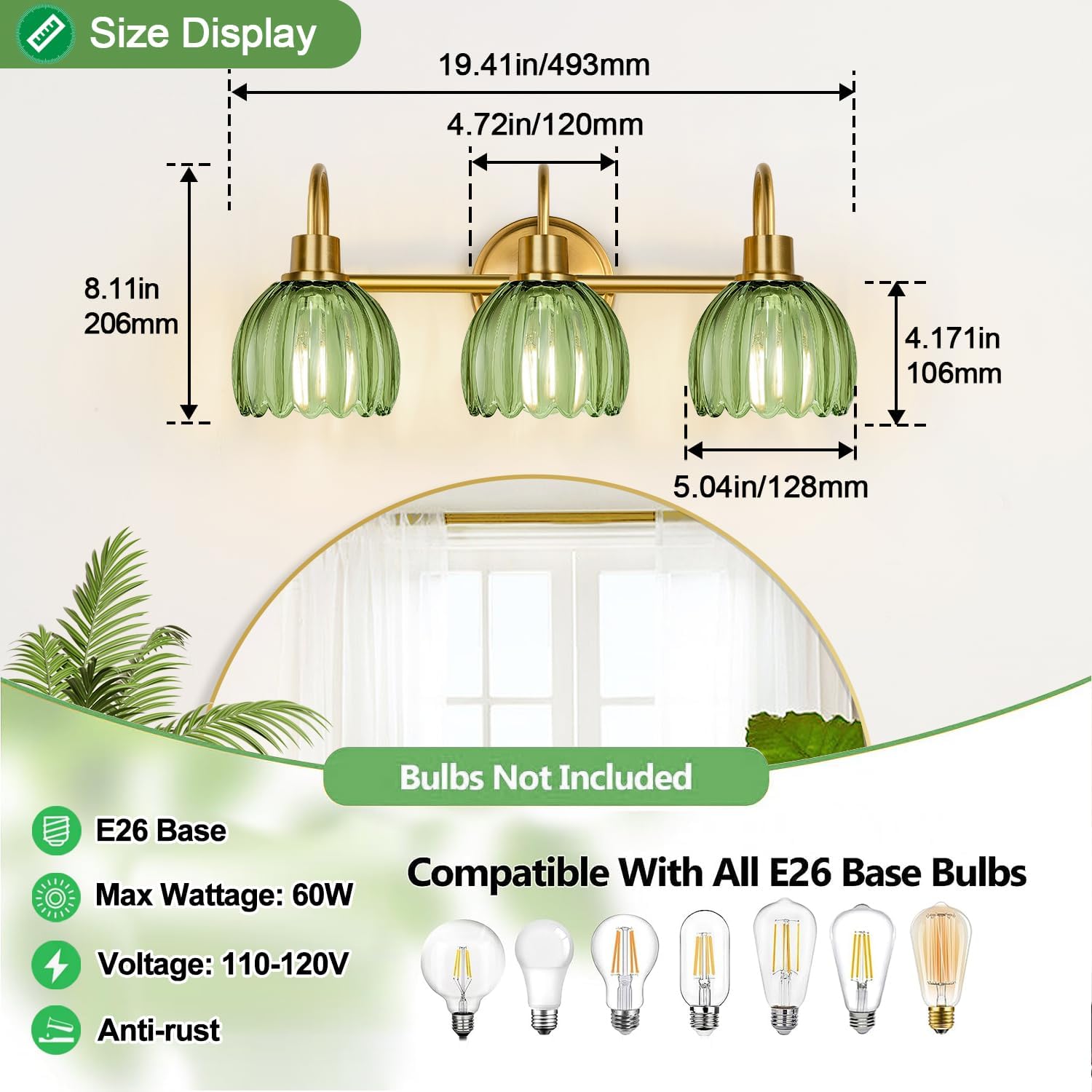 Bathroom Light Fixtures (3-Light, 20 in), Brushed Gold Vanity Lights for Bathroom with Ribbed Green Tulip Glass Shade, Vintage Vanity Wall Lights for Mirror Bedroom Living Room Hallway - Image 8