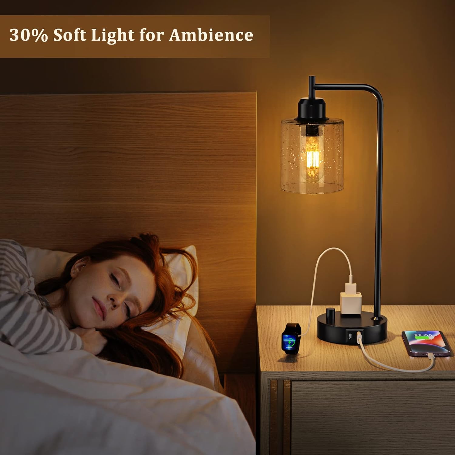 Industrial Bedside Table Lamp for Bedroom - Nightstand Lamps with USB C Charging Port, Fully Dimmable Black Ports and Outlets, Small Desk Glass Shade Office Living Room - Image 4