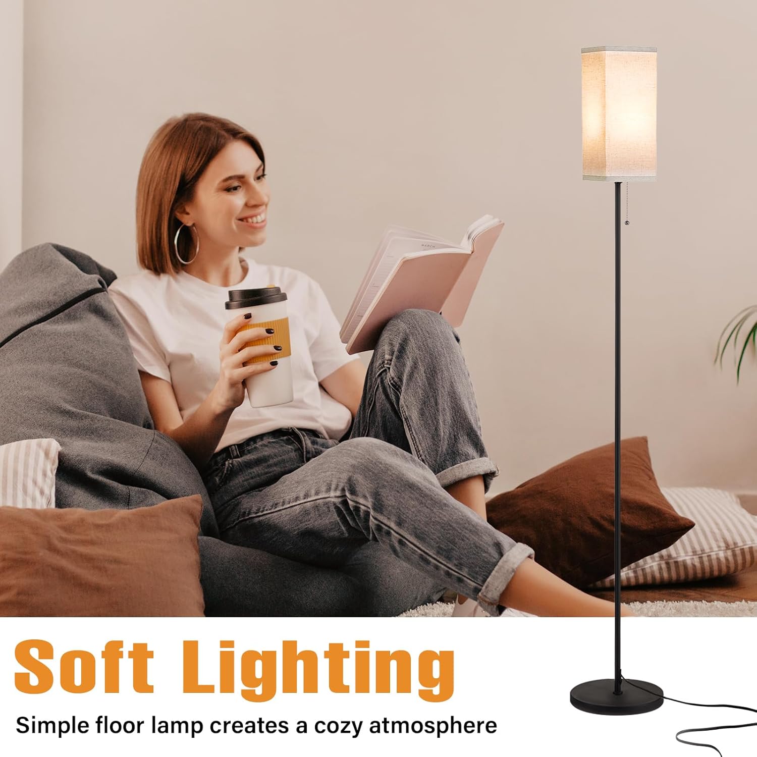 Floor Lamps for Living Room, Modern Standing Lamp with Pull Chain Switch, 3 Color Temperature Black Pole Lamp with Lampshade, 9W LED Bulb Tall Lamps for Bedroom Office Kid Room - Image 3