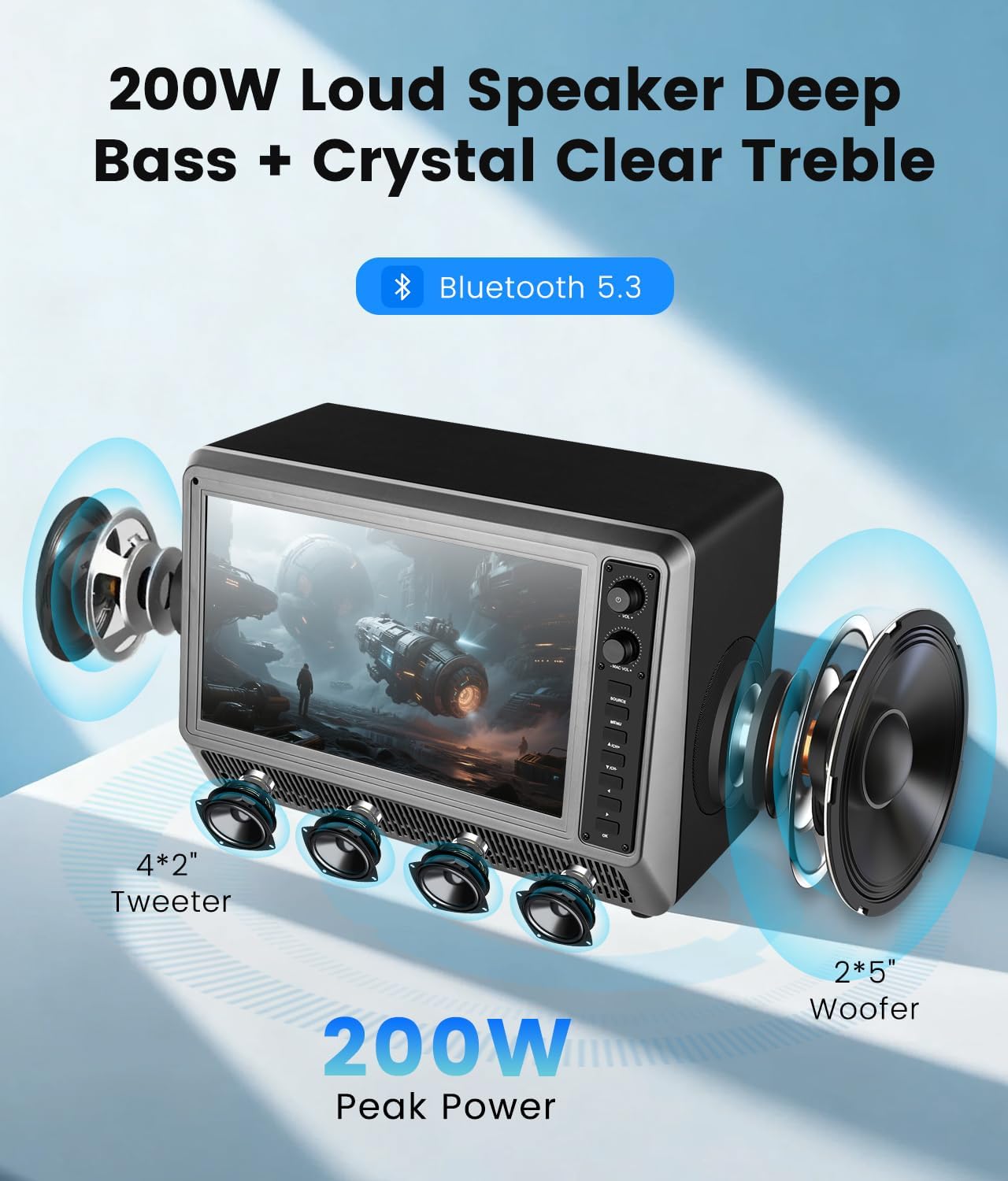 Feihe 15.6 inch Small Smart TV with Speaker System, Loud Portable Bluetooth Speaker Design Retro Smart Television, Karaoke Wireless Microphones, Support HDMI/AUX/USB for Home Party Camping - Image 3