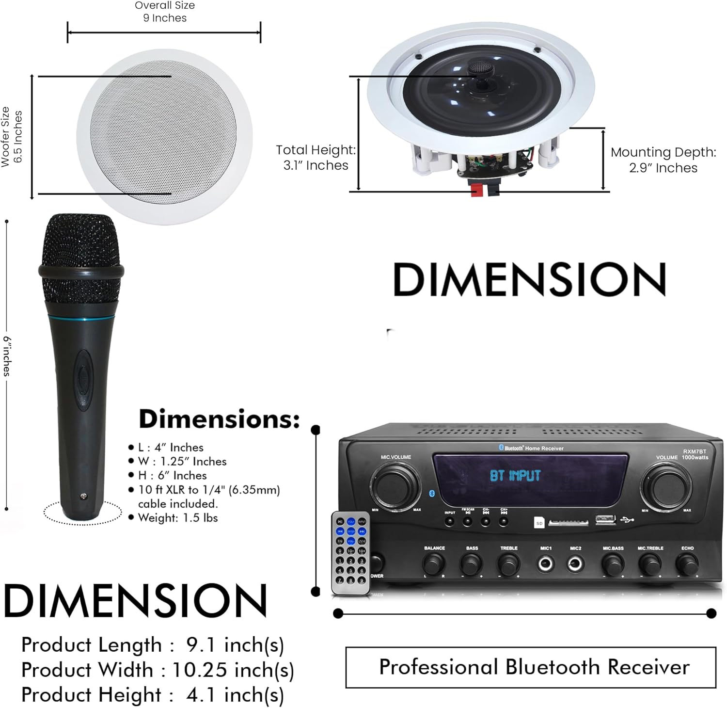 1000 Watts 2 Room Bluetooth Home Amplifier and Receiver with USB and SD Reader, (Qty 6) 6.5 Flush Mount in-Wall/in-Ceiling Stereo Speakers, Handheld Microphone with 10 Ft Cable - Image 4
