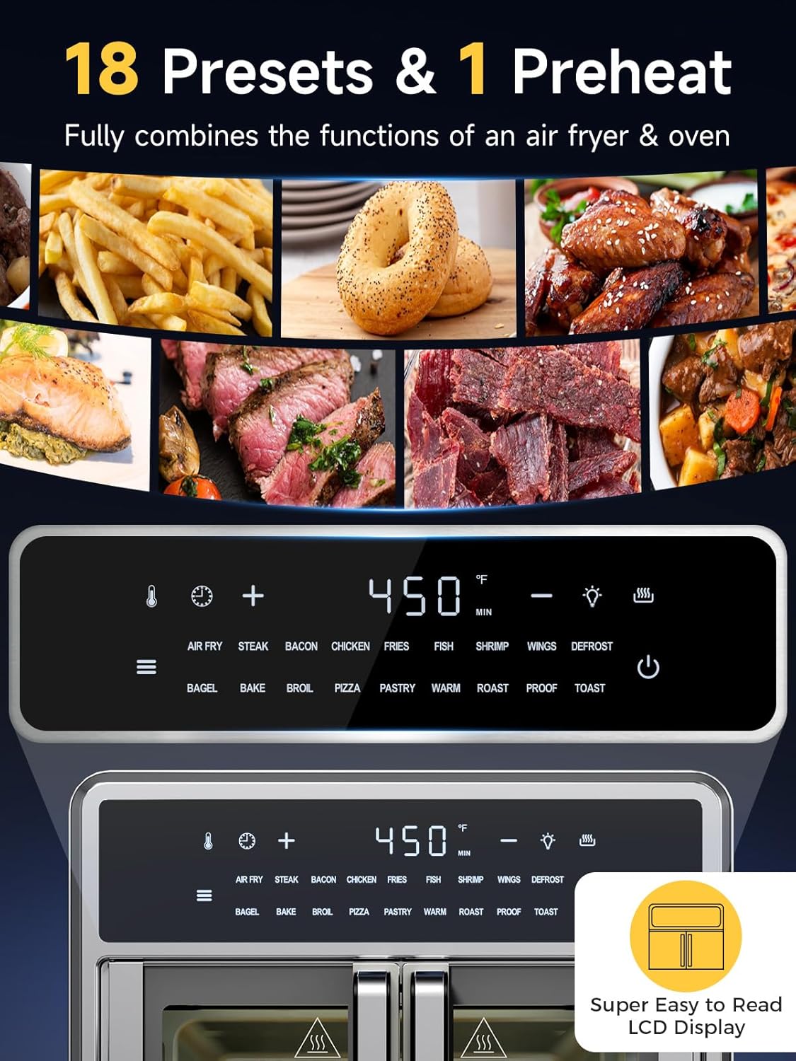 Kitchen Elite Air Fryer French Door Oven,15.8 Qt Toaster Oven Countertop Combo,18 Presets & 1 Preheat & Light, Airfryer Basket,Wire Rack,Baking Pan,Crumb Tray,Compact Design,Stainless Steel,Small - Image 3