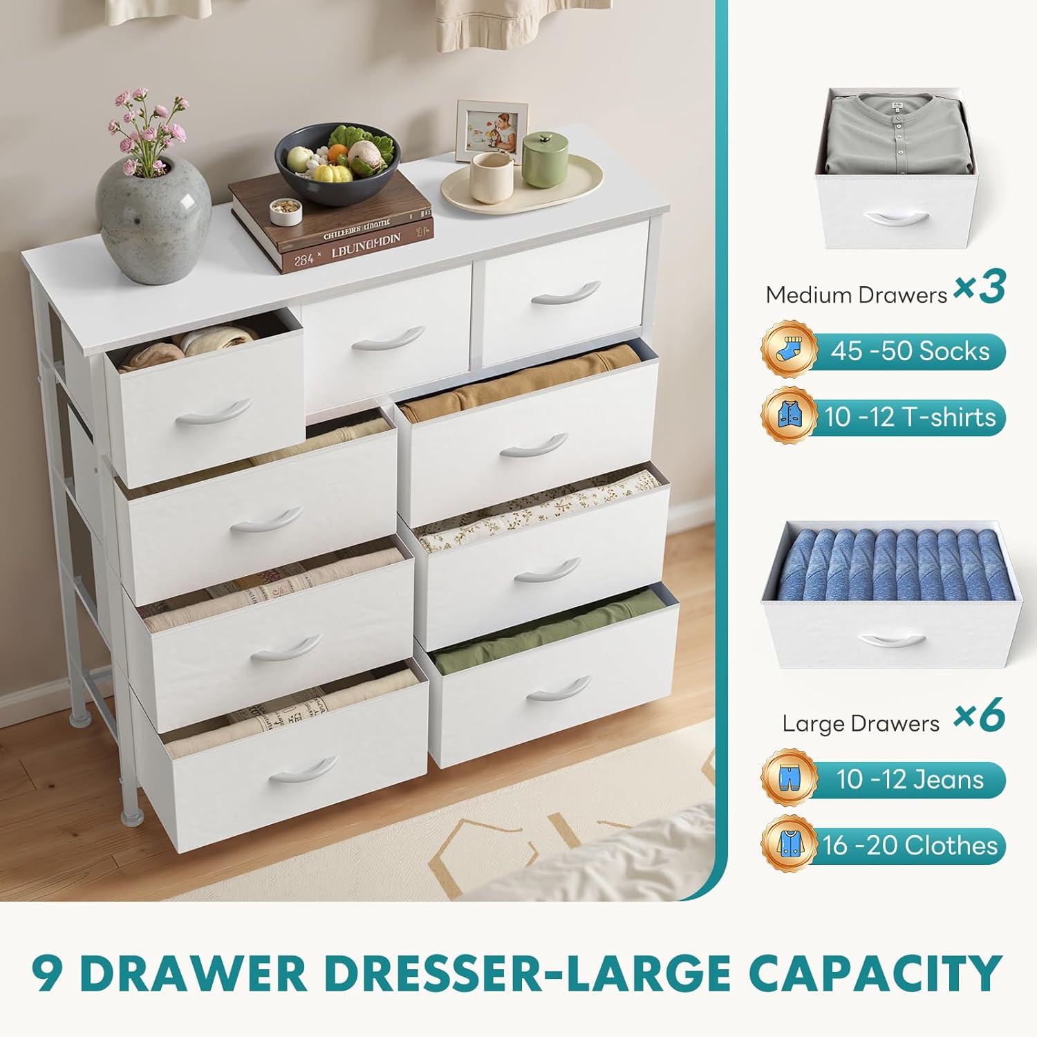 OLIXIS 9 Drawer Storage Dresser with Wood Top - Wide Fabric Chest Organizer for Bedroom, Closet, Living Room,Tower Cabinet, TV Stand, Hallway Entryway Furniture,Bright White - Image 4