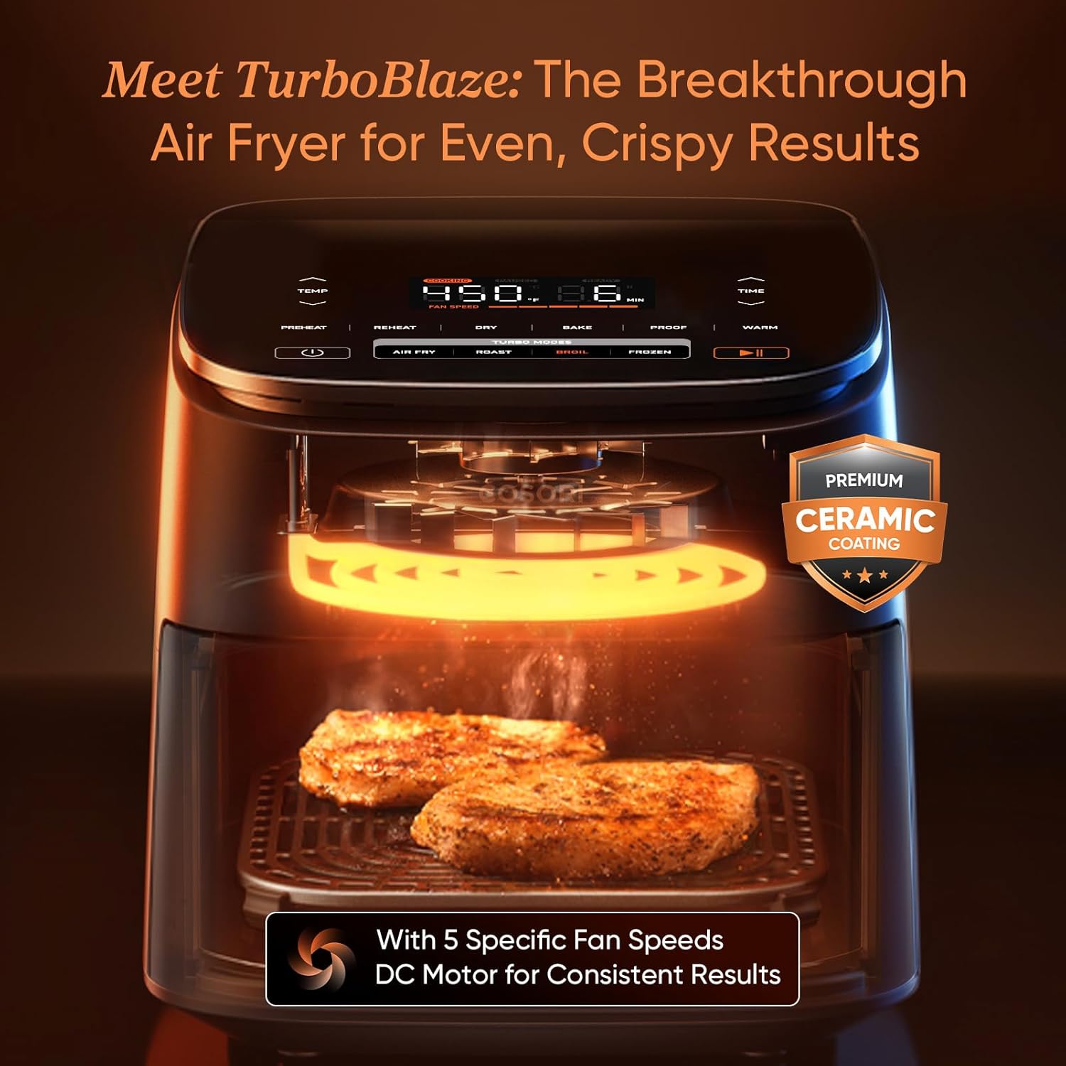 Cosori 9-in-1 TurboBlaze Air Fryer 6 Qt, Premium Ceramic Coating, 90°–450°F, Precise Heating for Even Results, Air Fry, Roast, Bake, Broil, Dry, Frozen, Proof, Reheat, Keep Warm, 120V - Image 2