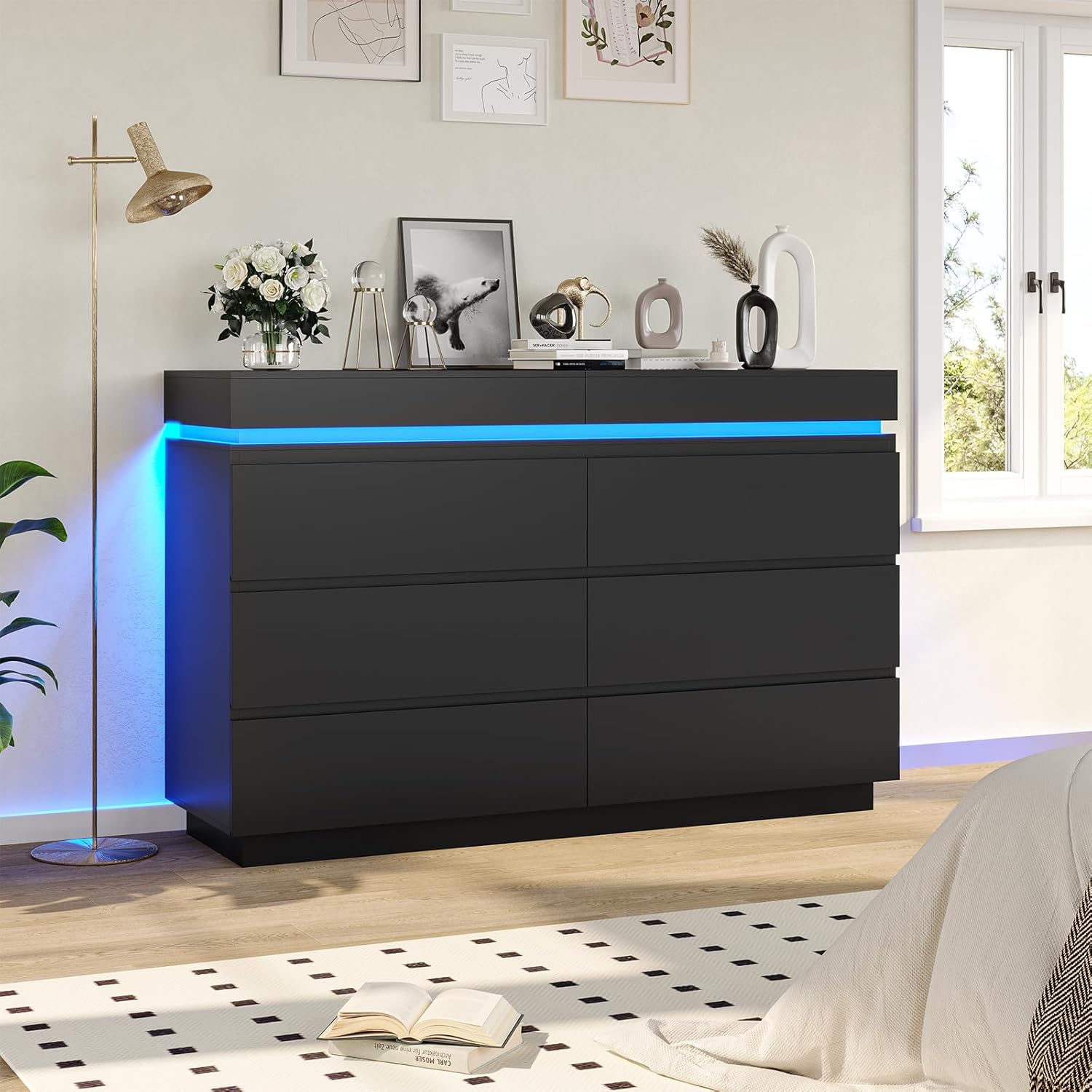DICTAC Modern 6 Drawer Dresser with Sliding Desktop, Wide Chest of Drawers with Charging Station & LED Lights, Large Storage Tower Clothes Organizer, Black Dresser for Bedroom - Image 9