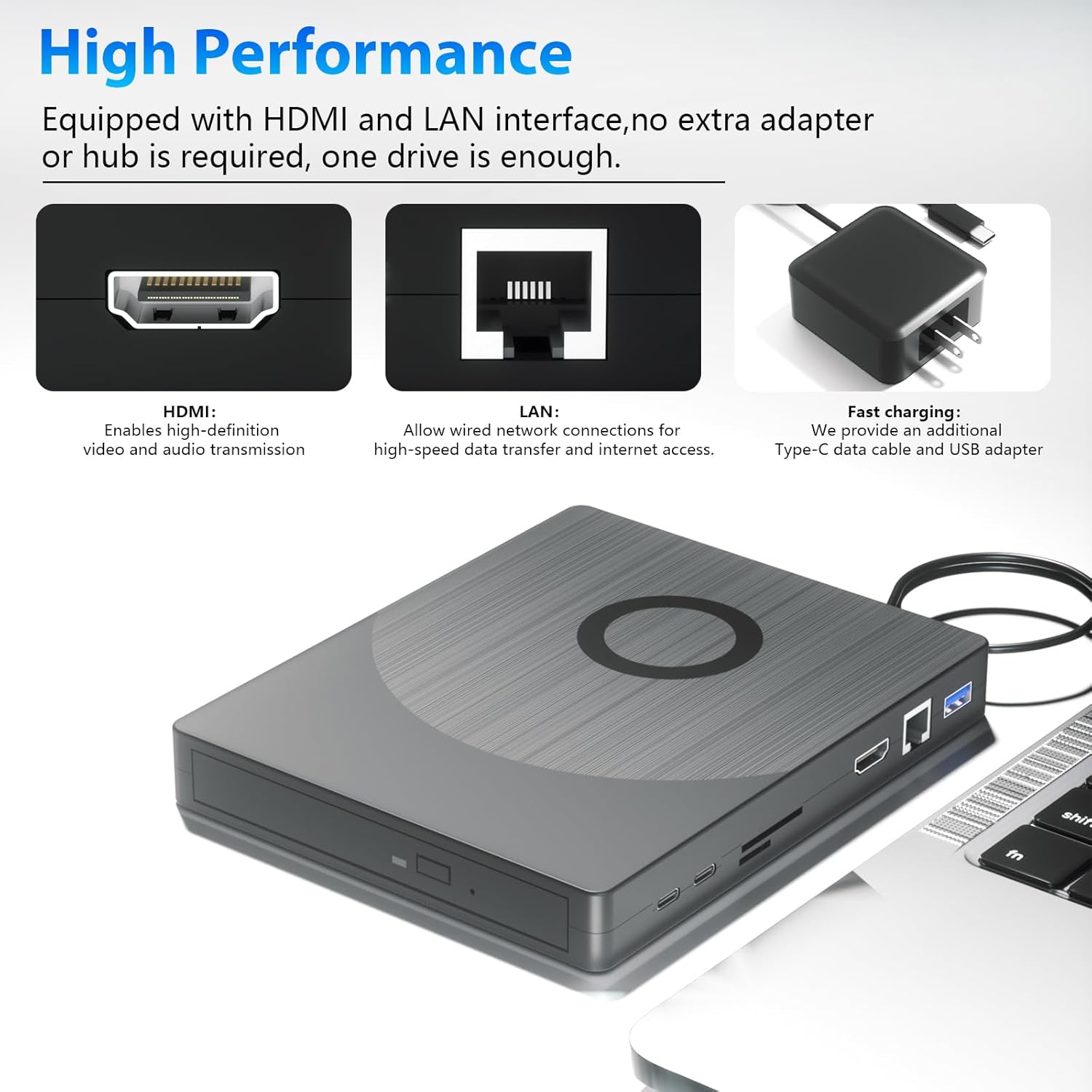 External Blu Ray Drive, 8 in 1 USB Blu-ray Drives External for Laptop, External DVD Player Support 100G Disc 3D, USB CD Drive with SD/TF Port HDMI and LAN Interface, CD Burner for Windows XP/7/8/10/11 - Image 2