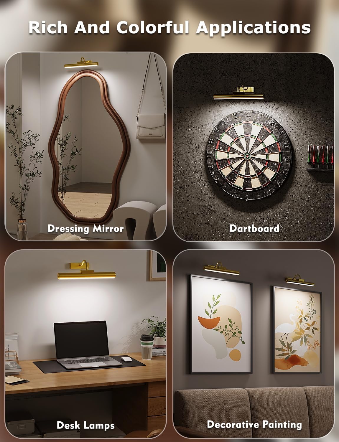 Picture Light Battery Operated, 13in Wireless Art Light for Paintings, Dimmable 5000mAh Recharging Battery Picture Light with Remote Control for Wall, Gallery Dartboard Art Bedroom (Gold-2Pack) - Image 8