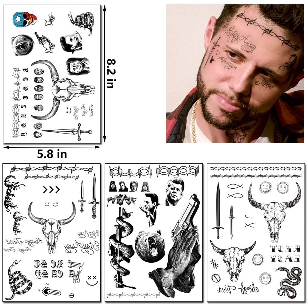 6 Sheets Temporary Tattoos Kit - Fake Body Art for Women, Men, & Kids - Face Tattoos for Festival, Cosplay & Halloween Costume Accessories - Image 4