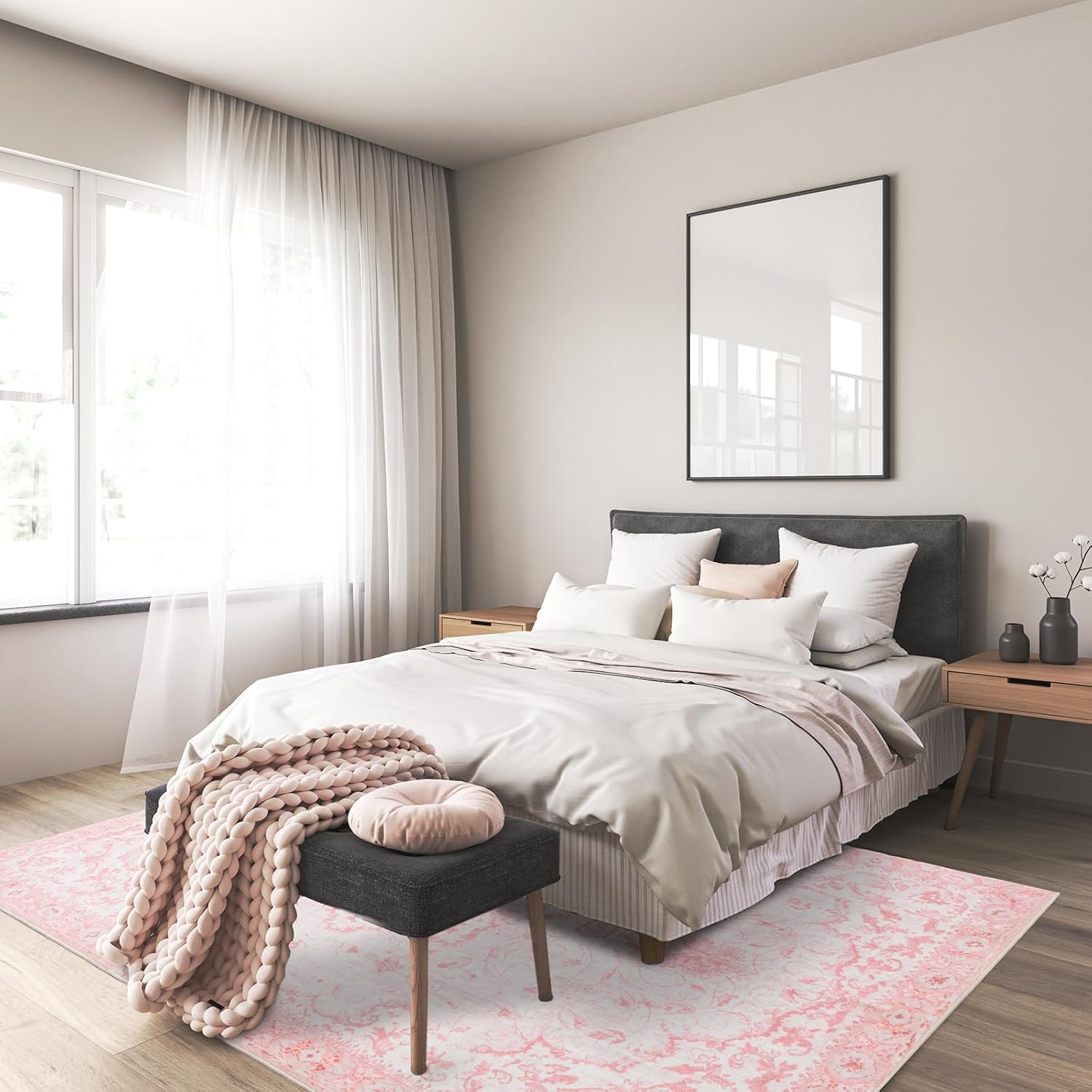 Area Rug - 5x7 Vintage Floral Honeycomb Non Slip Backing Carpet - Pink Softer Thicker Faux Wool Rug - Foldable & Machine Washable Rugs for Living Room Bedroom Nursery Room Home Office - Image 3