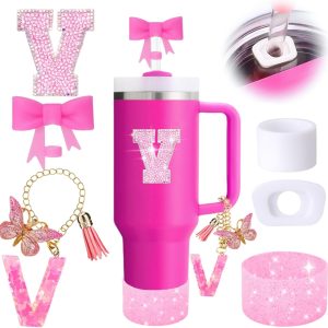 6PCS Pink Stanley Cup Accessories Set, Initials Decorations for Stanley Cup 30oz 40oz, Includes Bow Straw Topper, Handle Charm, Letter Sticker, Silicone Boot, Spill Proof Stopper (Letter V)
