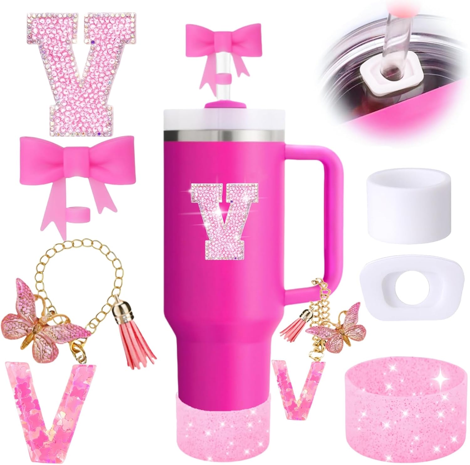 6PCS Pink Stanley Cup Accessories Set, Initials Decorations for Stanley Cup 30oz 40oz, Includes Bow Straw Topper, Handle Charm, Letter Sticker, Silicone Boot, Spill Proof Stopper (Letter V)