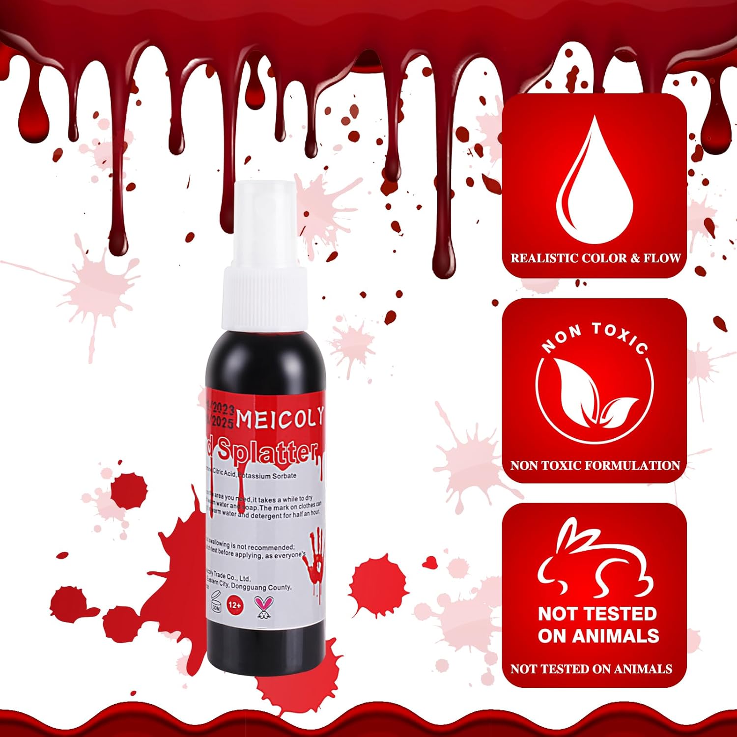 MEICOLY Blood Splatter, 2.1oz Fake Blood Spray, Halloween Liquid Blood for Clothes, Zombie Bride, Vampire and Monster SFX Scary Clown Makeup & Dress Up,Dark,1 Pack - Image 2