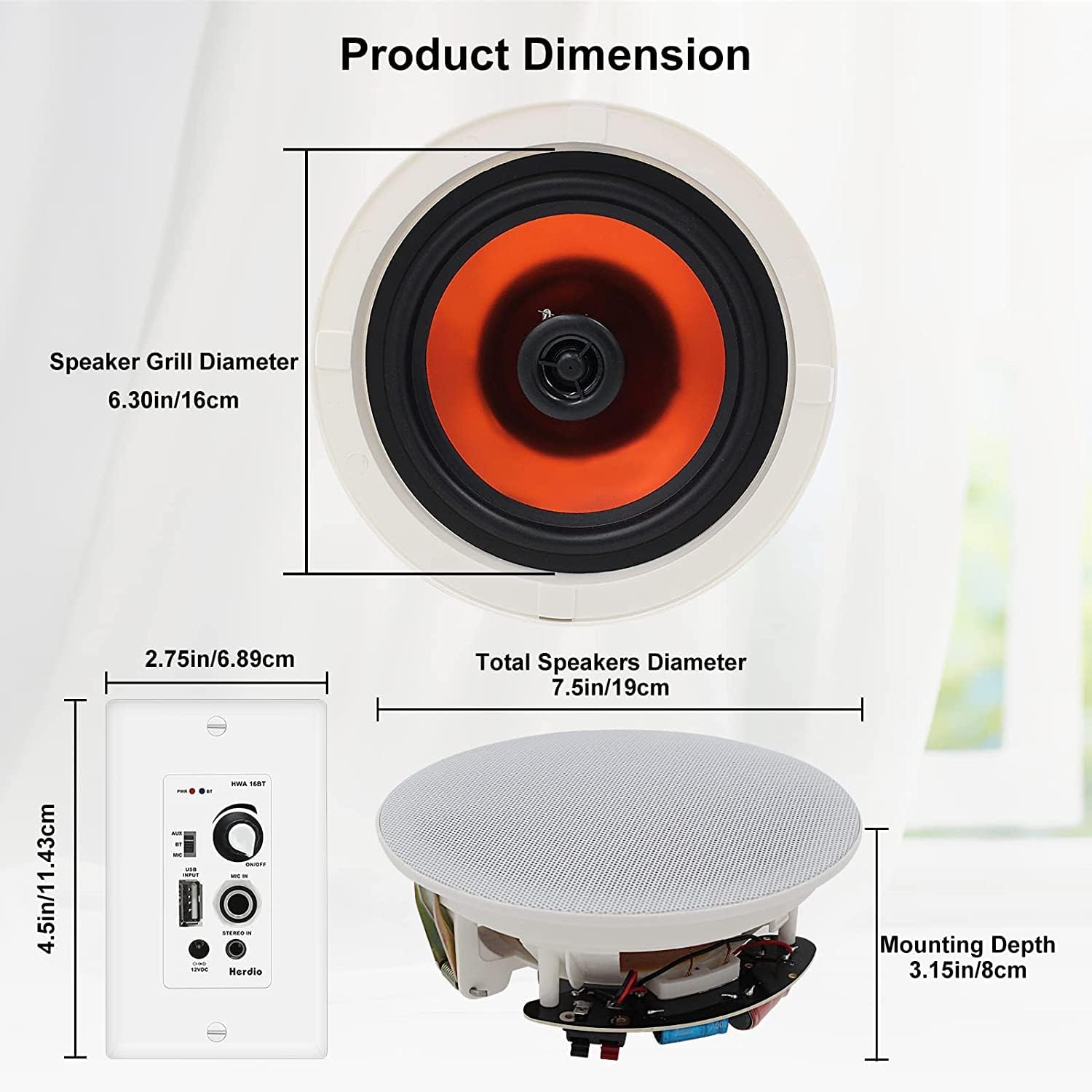Herdio 6.5'' Bluetooth in Wall in Ceiling Speakers 600W 2-Way Flush Mount Speakers System with Wall Amplifier Receiver for Home Theater Office Bathroom(2Pairs, Paintable-Grille) - Image 6