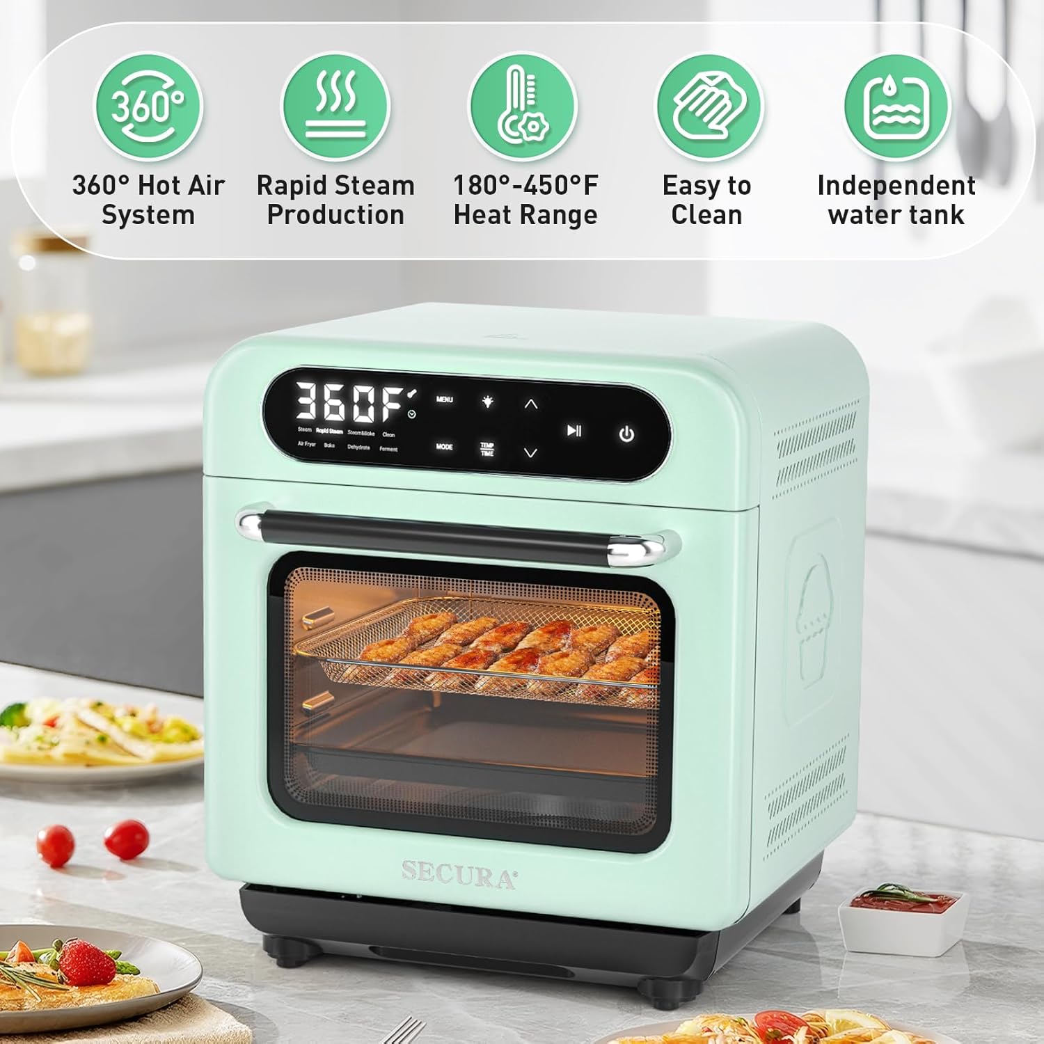 Secura Multifunction Air Fryer Steam Oven, 13 Quart Compact Oven with Convection Bake, Airfryer, Rapid Steam, Ferment, Dehydrator Combo, Nutritious & Delicious Food Steamer for Cooking (Mint Green) - Image 3