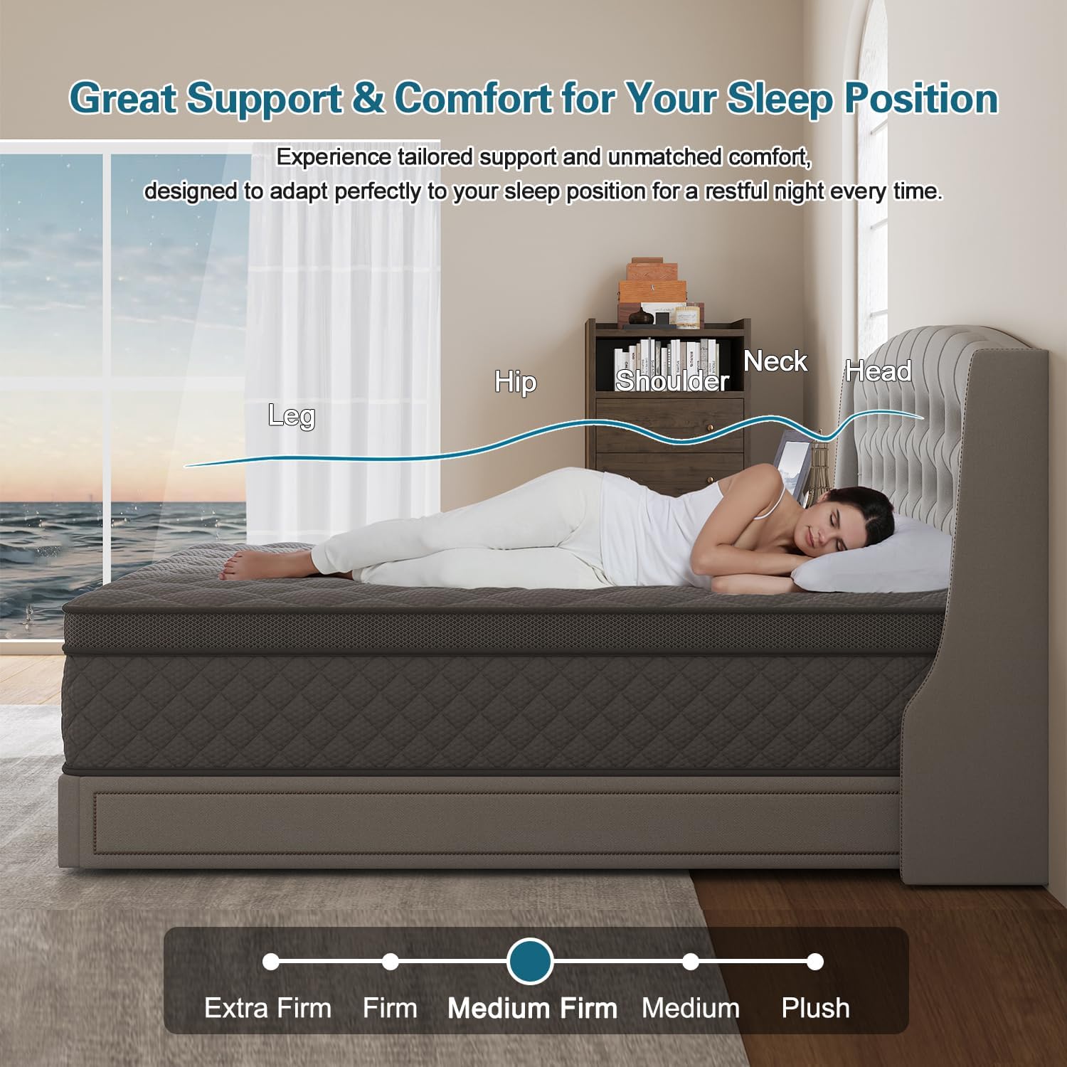 Full Mattress, 14 Inch Hybrid Mattresses Grey Euro Top Medium Firm for Back & Lumbar Support, 100 Night Trial, Individual Pocket Spring Bed for Motion Isolation & Pressure Relief - Image 3