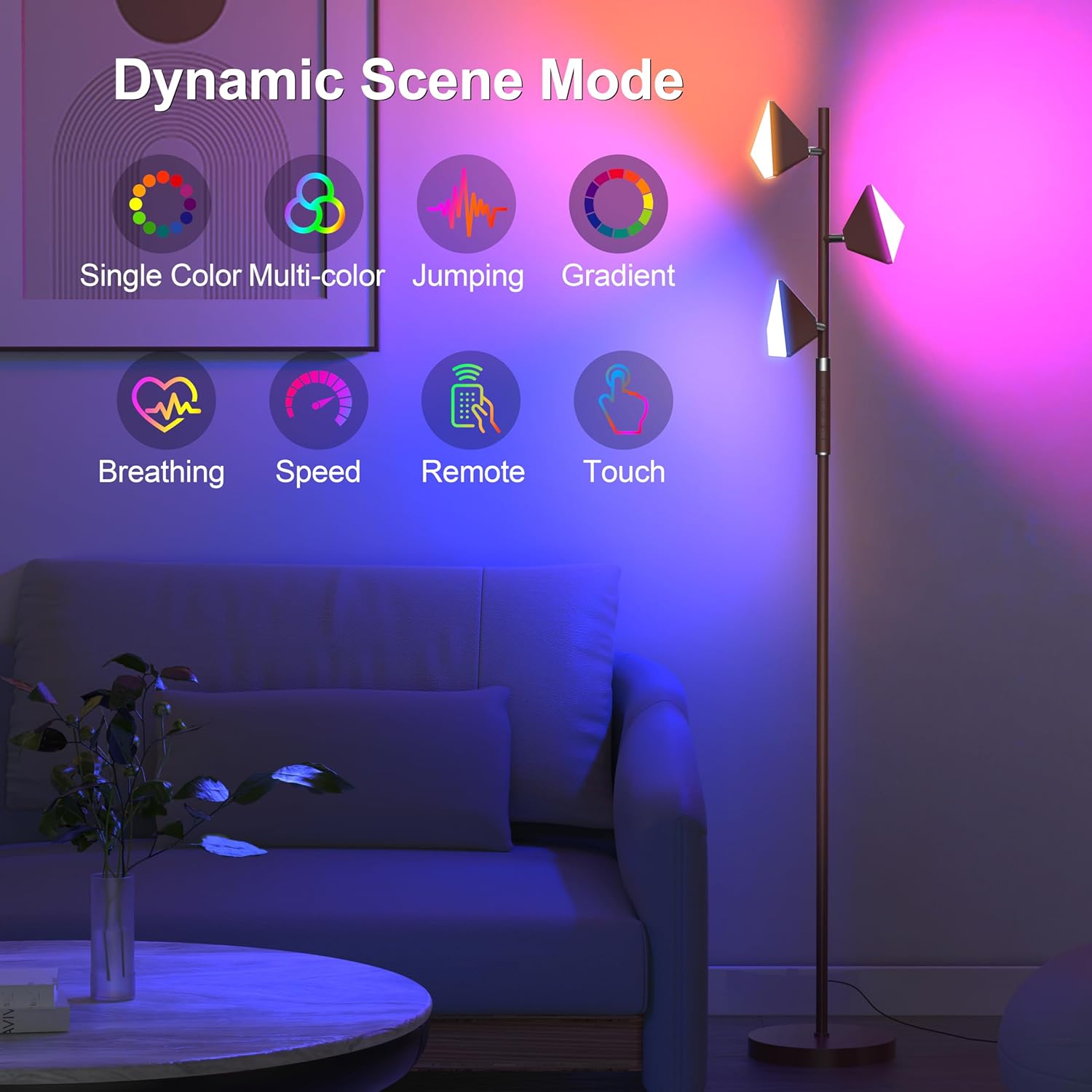 RGB Tree Floor Lamp for Living Room, Stepless Dimmable Tall Standing Lamp with Remote, Touch Control and 3 Rotatable Light, Bright LED Lights for Bedroom with 4 Color-Changing, Oil Rubbed Bronze - Image 3