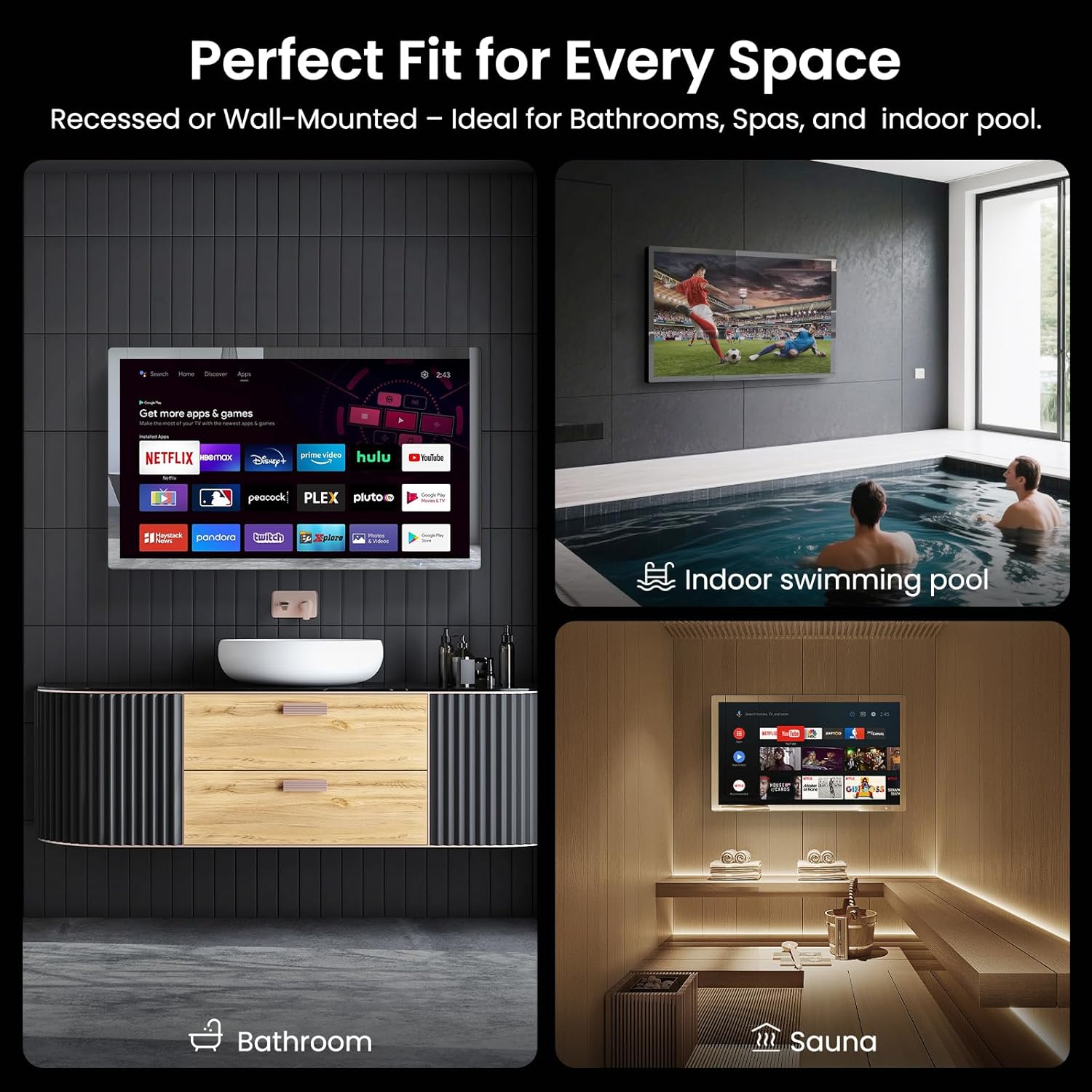 Haocrown 32" 4K Ultra HD Smart Bathroom Mirror TV, IP66 Waterproof, Android 13 System with Voice Remote for Google Assistant ATSC Tuner, 500 cd/㎡ High Brightness (Black Frame, 2025 Model) - Image 7