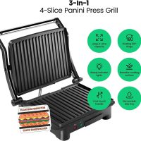 Chefman Panini Press Grill and Gourmet Sandwich Maker Non-Stick Coated Plates, Opens 180 Degrees to Fit Any Type or Size of Food, Stainless Steel Surface and Removable Drip Tray, 4 Slice, Black - Image 2