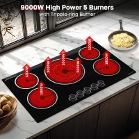 ThermoMate 36 Inch Electric Cooktop, 5 Burners Knob Control Built-in Ceramic Cooktop, 30" Radiant Electric Stove Top of 9000W with 9 Heat Levels, Hot Surface Indicator, 220-240v, Hard Wired - Image 2
