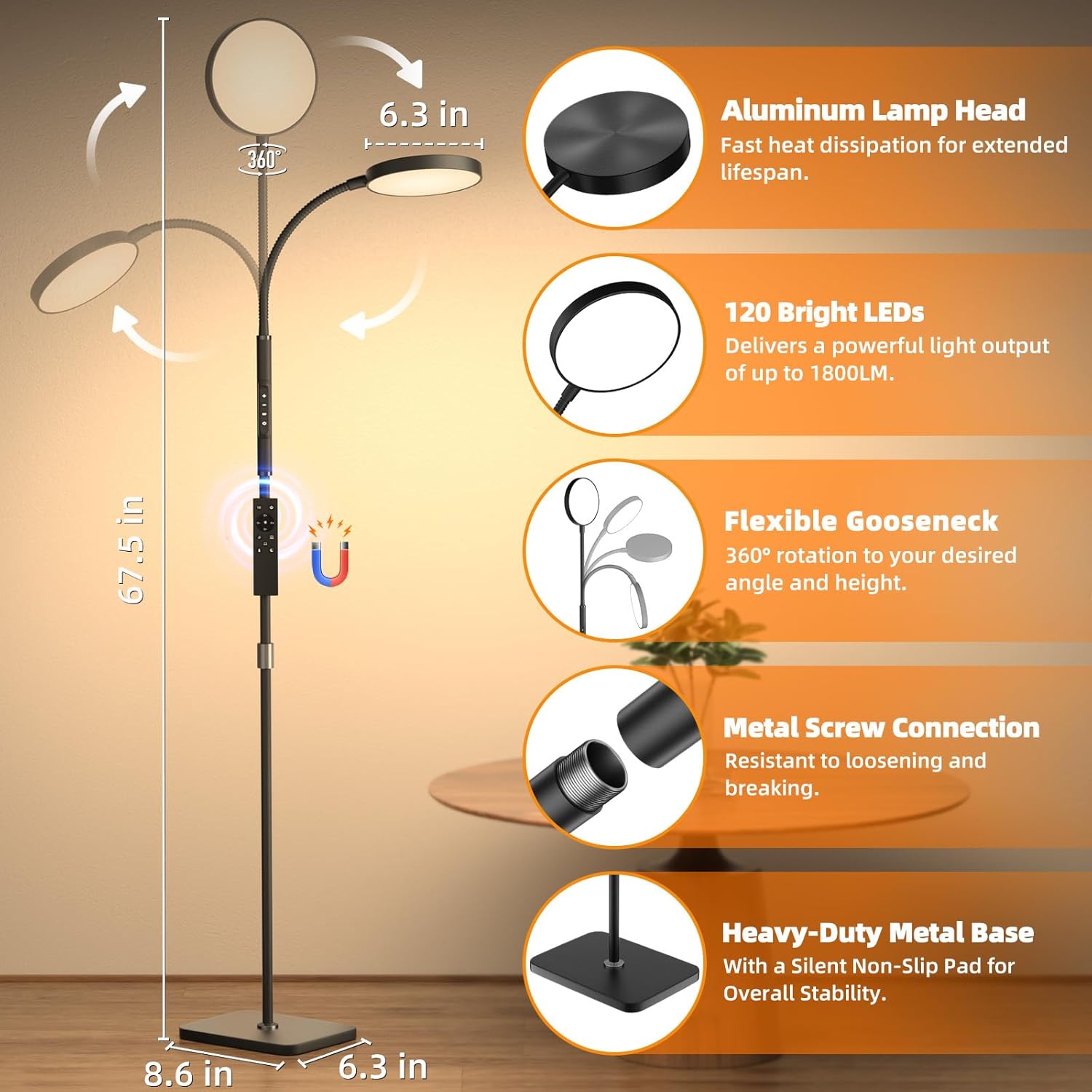 Floor Lamp, Adjustable Height Floor Lamps for Living Room Bedroom, 120 LED Super Bright Standing Lamp Remote & Touch Control Dimmable Gooseneck Tall Stand Reading Lamp for Office Craft, Black - Image 5