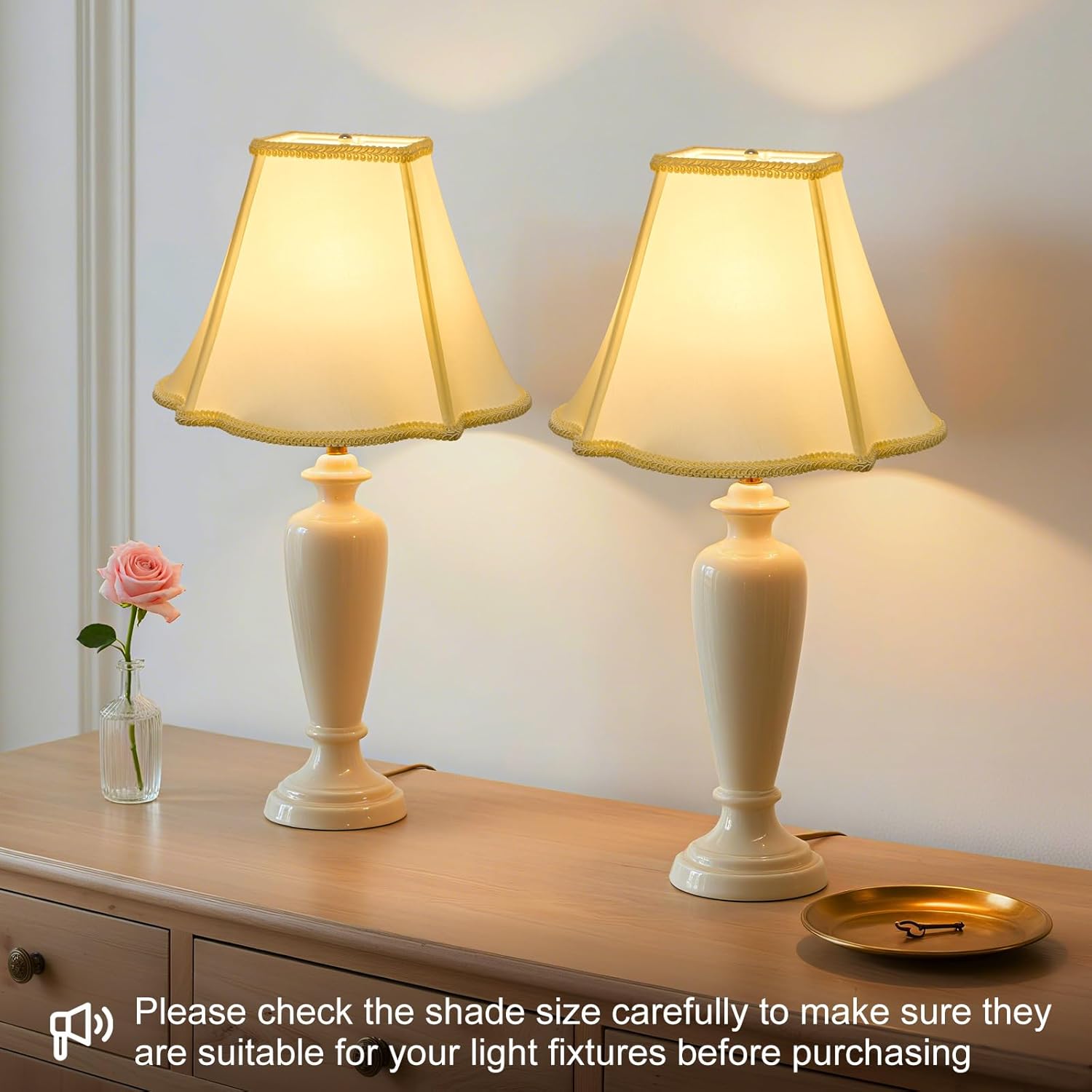 Bell Lamp Shades Set of 2, Cream Fancy Square Lamp Shade with Petal Edge Braid, 5.1" x 12.6" x 9.1" Lampshades for Table Lamps Floor Lamps, Spider, Harp Holders Included, Assembly Required - Image 2