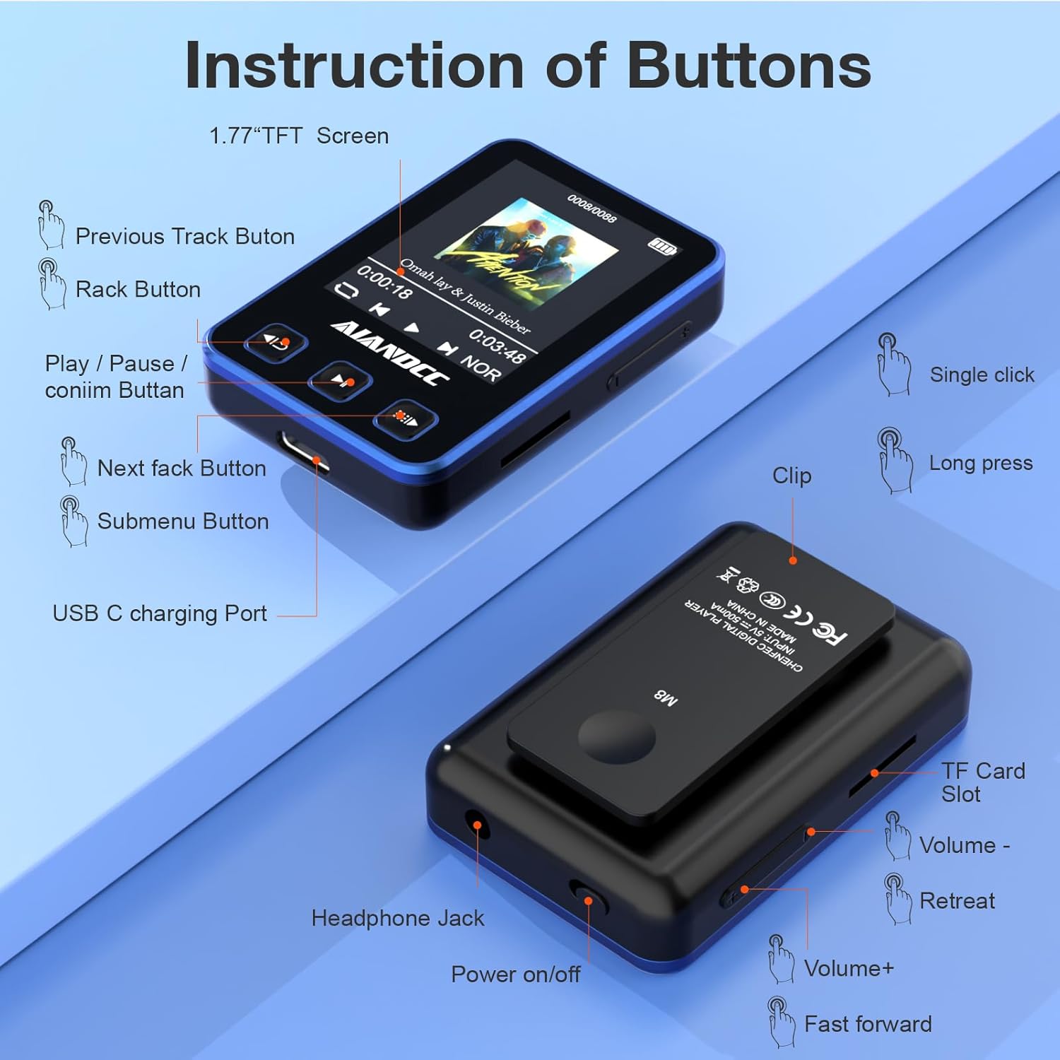 Mp3 Player with Bluetooth 5.3, HiFi Music Player with Sports Clip and Armband, 1.77-inch TFT Color Screen, 32GB mp3 Player for Kids Adults, Earphones Included, TF Card can be Inserted - Image 4