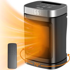 Small Portable Space Heater for Indoor Use - with 70°Rotating Feature, JIBUFI 1500W PTC Electric Heater, Rapid and Safe Heating, Remote Control, 1-12 Hr Timer for Bedroom, Office
