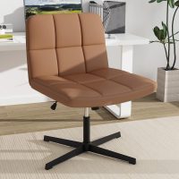 Giantex Criss Cross Chair, PU Leather Cross Legged Office Chair No Wheels, Height-Adjustable Swivel Vanity Chair with U-Shaped Seat, Armless Wide Desk Chair for Home, Office, Make Up, Brown - Image 3
