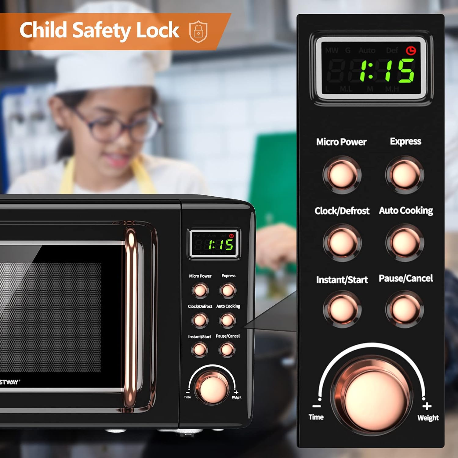 COSTWAY Retro Countertop Microwave Oven, 0.7Cu.ft, 700-Watt, High Energy Efficiency, 5 Micro Power, Delayed Start Function, with Glass Turntable & Viewing Window, LED Display, Child Lock (Gold) - Image 8