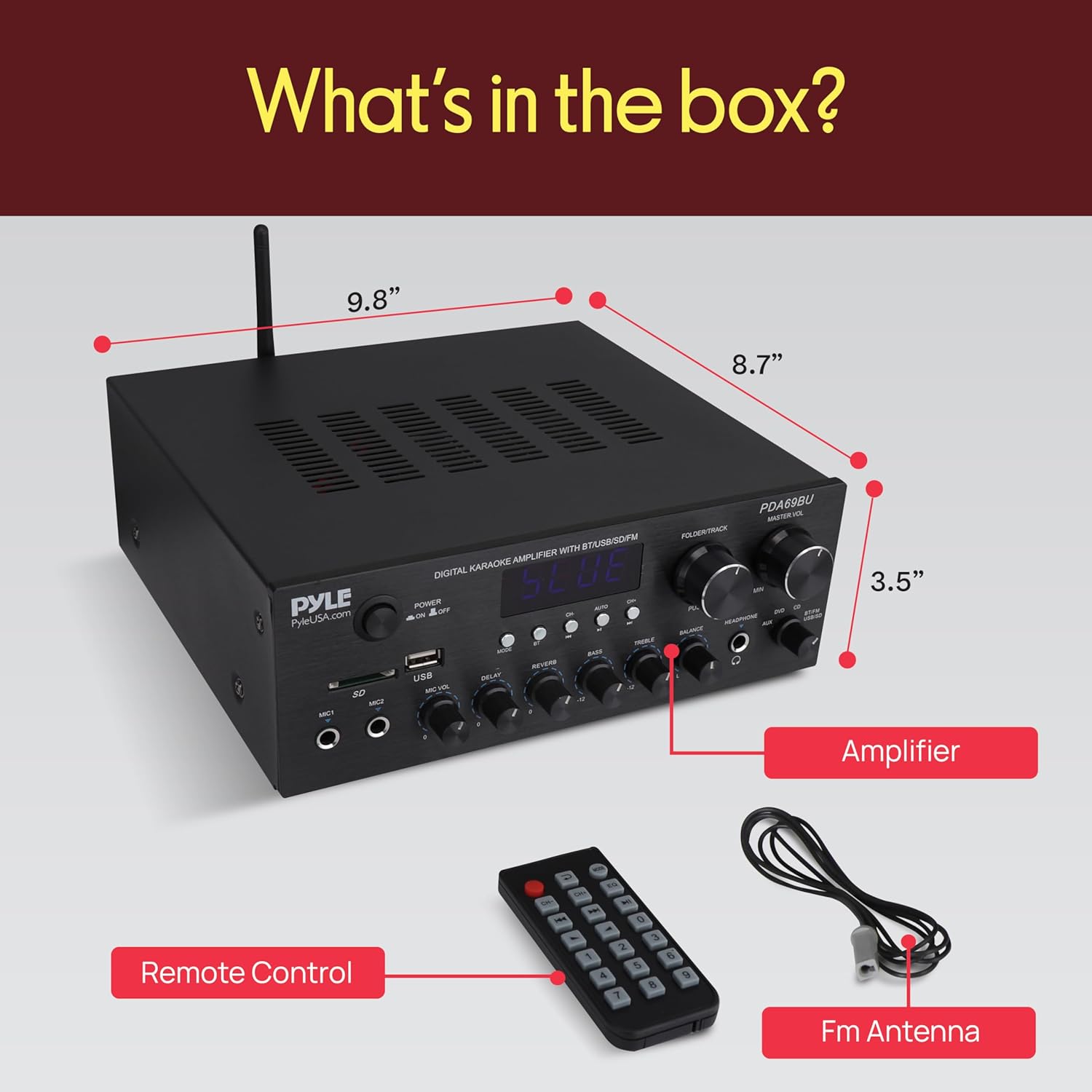 Pyle Stereo Amplifier Audio Receiver with Remote Control - Bluetooth Streaming, MP3/USB/SD/FM Radio, 2.0 Channel HiFi Sound System with RCA/Aux Inputs, Microphone & Headphone Jacks, Adjustable Bass - Image 7