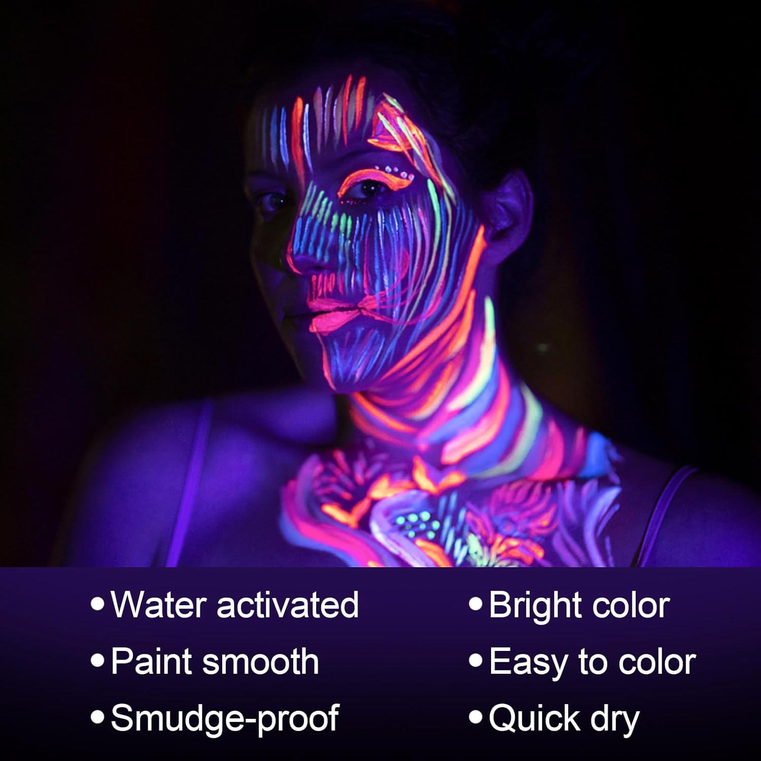 MEICOLY Neon Face Paint,UV Blacklight Glow Face Paint,8 Bright Colors Neon Fluorescent Rave Body Paint Palette,Water Activated Eyeliner,Water Based Glow In The Dark Halloween Washable for Kids Adults - Image 2