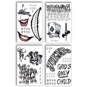 4 Sheets Joker Tattoos(Size:11.8"x7.87"), Halloween Temporary Tattoos for Men, Suicide Squad Fake Tattoo Stickers For Adults Halloween Cosplay Costumes Masquerade Party Makeup Accessories (normal)