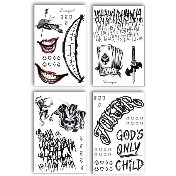 4 Sheets Joker Tattoos(Size:11.8"x7.87"), Halloween Temporary Tattoos for Men, Suicide Squad Fake Tattoo Stickers For Adults Halloween Cosplay Costumes Masquerade Party Makeup Accessories (normal)