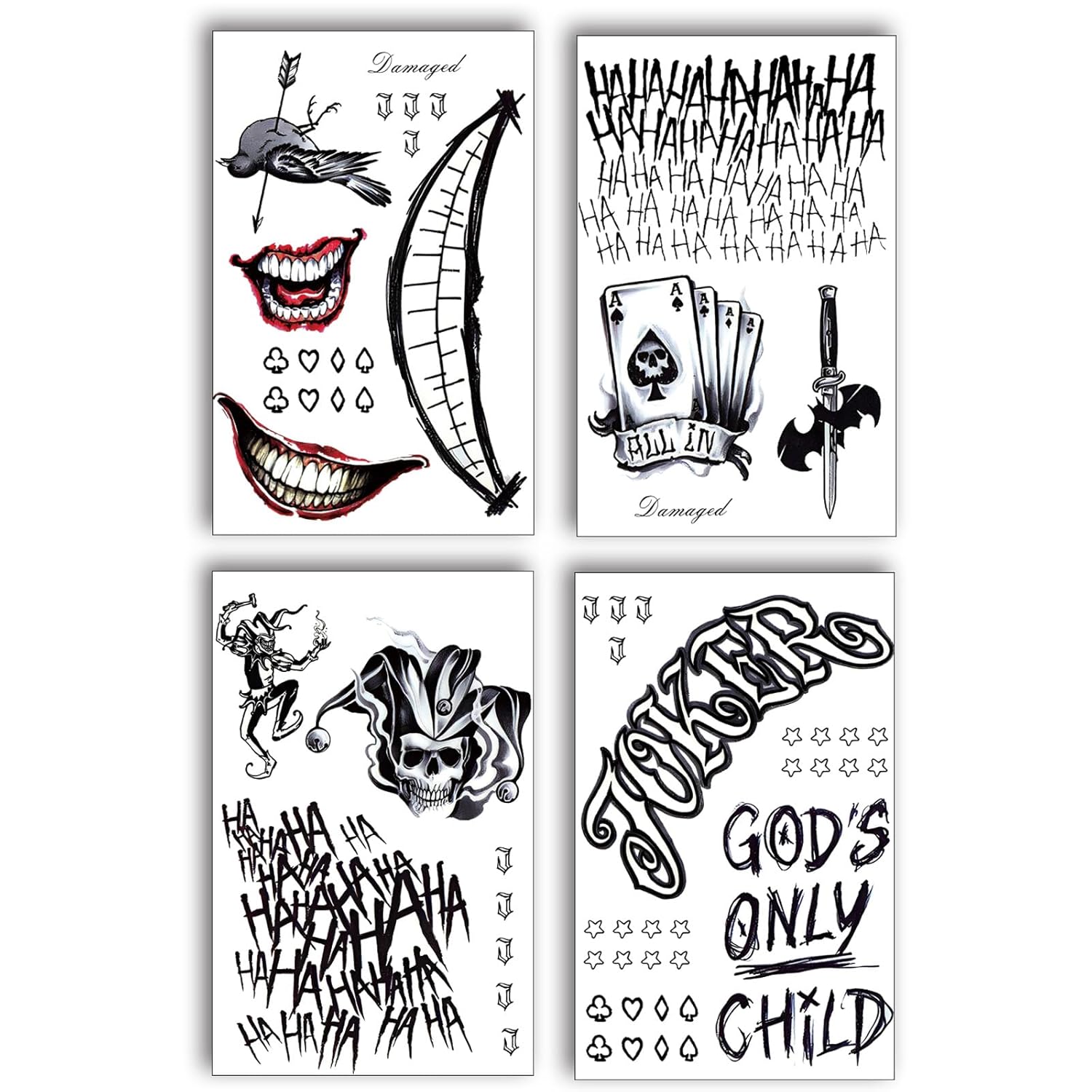 4 Sheets Joker Tattoos(Size:11.8"x7.87"), Halloween Temporary Tattoos for Men, Suicide Squad Fake Tattoo Stickers For Adults Halloween Cosplay Costumes Masquerade Party Makeup Accessories (normal)