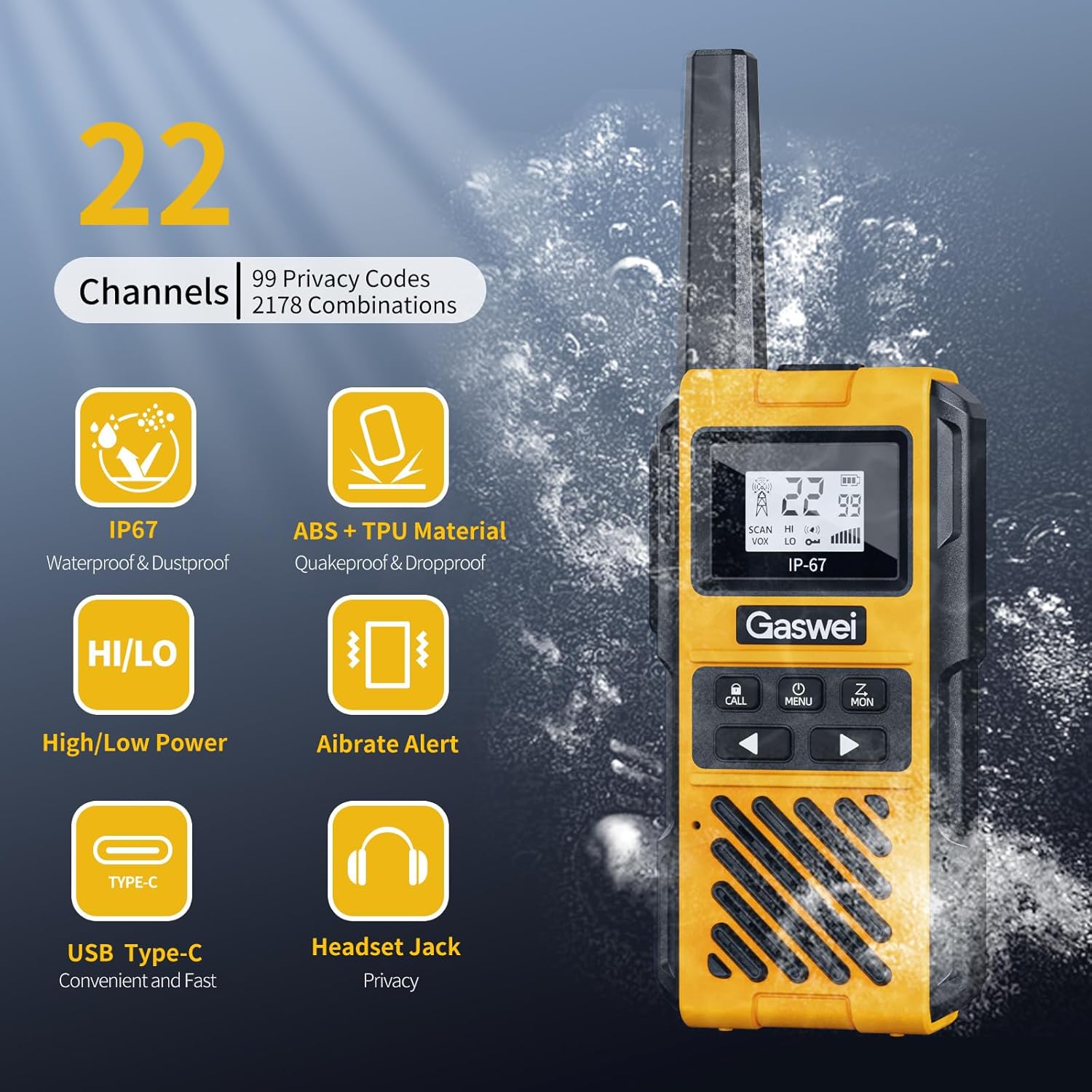 G1pro IP67 Waterproof Floating Walkie Talkies Long Range for Adults,Heavy Duty Two Way Radio,VOX,USB-C,Rechargeable Lithium Battery(4 Pack) - Image 2