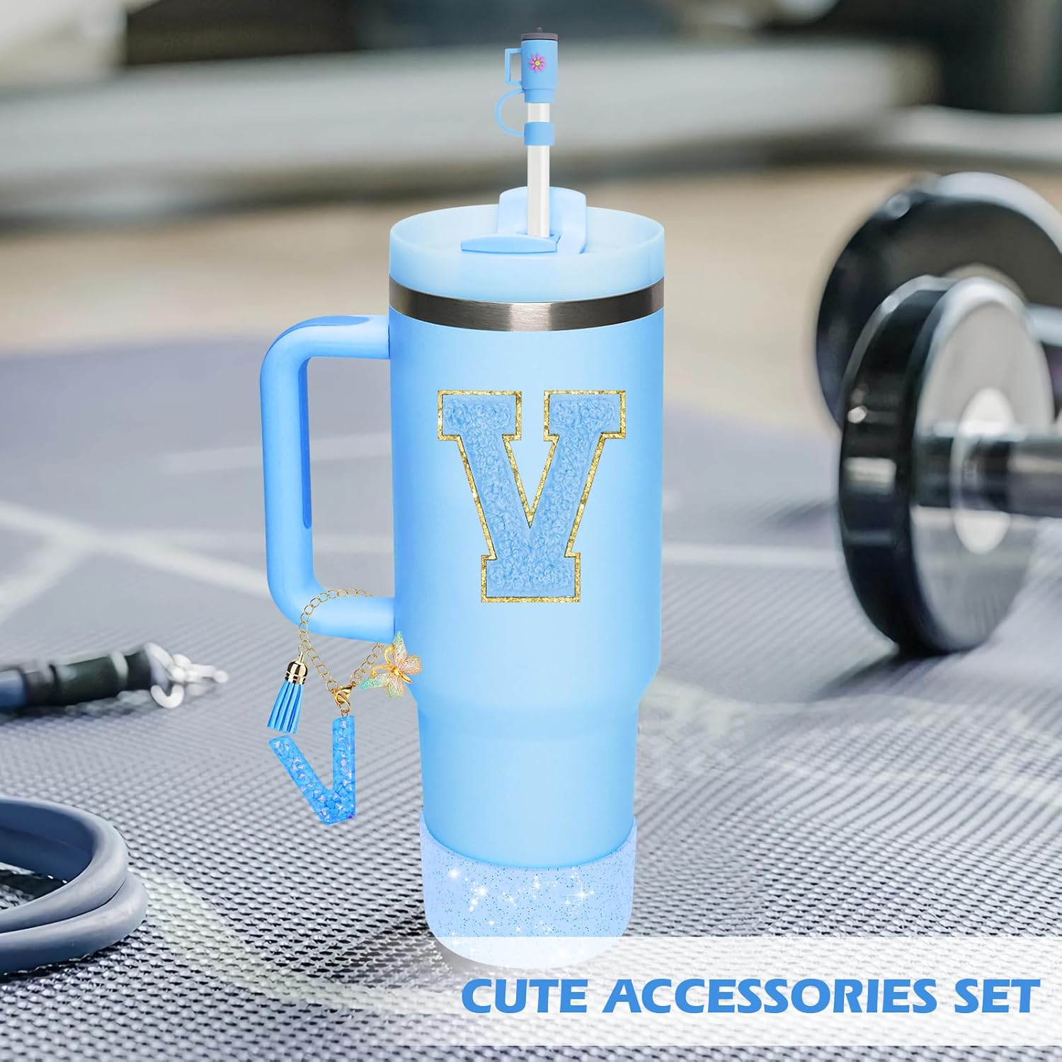 Blue Accessories for Stanley Cup Accessories 30OZ 40OZ, All Accessories Gift Box Contain Flower Straw Topper, Sillicone Boot, Letter Stickers and Pendants,Spill Stopper Set (Blue V) - Image 4