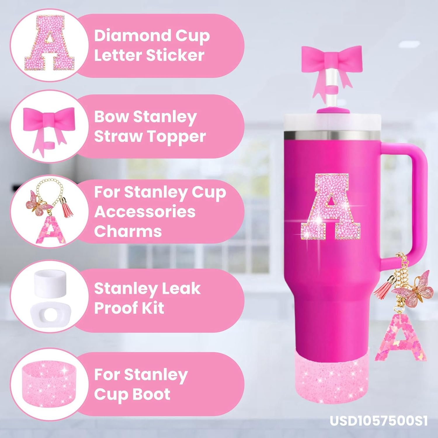 6PCS Pink Stanley Cup Accessories Set, Initials Decorations for Stanley Cup 30oz 40oz, Includes Bow Straw Topper, Handle Charm, Letter Sticker, Silicone Boot, Spill Proof Stopper (Letter V) - Image 2