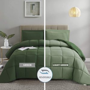 HIG 3pc Green Queen Size Comforter Set - All Season Reversible Down Alternative Bedding Comforter Set - Quilted Duvet Insert with Corner Tabs - Box Stitched Blanket - Breathable, Soft, Fluffy