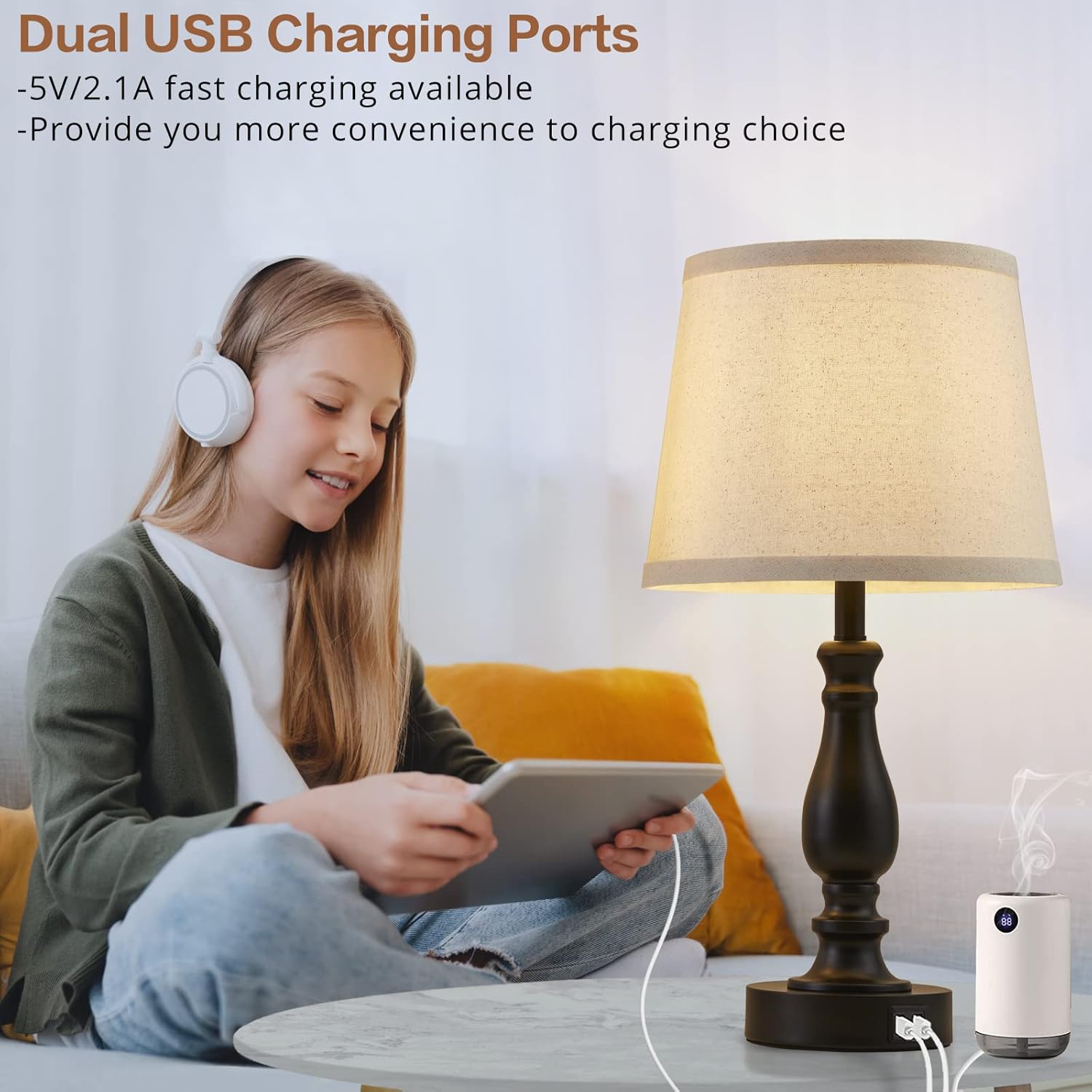 Lamps for Bedroom Set of 2,Touch Bedside Table Lamp with USB C+A Ports,3 Way Dimmable Nightstand Lamps with Round Fabric Linen Lampshade for Living Room Reading Bed Side End Table,Bulbs Included - Image 5