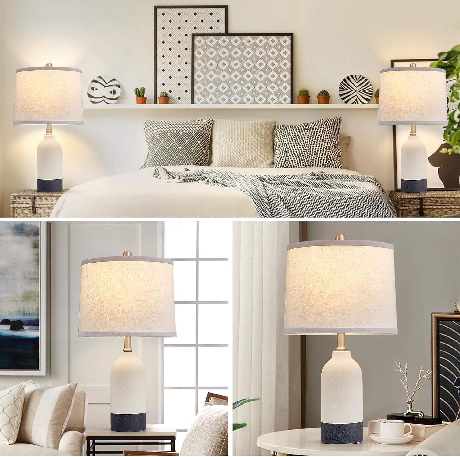 Luvkczc Modern Ceramic Lamps for Bedrooms Set of 2, 3-Color Temperature Table Lamp Bedside Nightstand Desk Reading Lamp with Fabric Drum Shade for Bedroom, Living Room, 2 Bulbs Included (21.4") - Image 6
