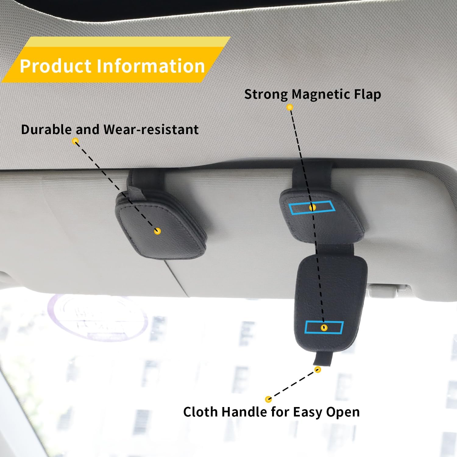 Yuoyar Sunglass Holder for Car, Magnetic Leather Sunglasses Holder and Ticket Card Clip, Car Visor Accessories, 2 Packs (Black) - Image 4