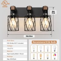IZORRO Farmhouse Bathroom Vanity Light, 3-Light Wood Bathroom Light Fixtures Over Mirror, Black Industrial Vanity Lights with Metal Shade, Rustic Restroom Lighting Fixtures - Image 6