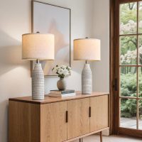 25" Ceramic Table Lamps for Living Room, Modern Design Bedside Lamps Set of 2, Nightstand Lamps for Bedroom with Rotary Switch, Gray and White - Image 3
