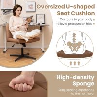 Giantex Criss Cross Chair, PU Leather Cross Legged Office Chair No Wheels, Height-Adjustable Swivel Vanity Chair with U-Shaped Seat, Armless Wide Desk Chair for Home, Office, Make Up, Brown - Image 6