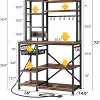 Baker Rack with Power Outlet - Microwave Stand with Storage, Large Coffee Bar Station with 14 Hooks, Metal Kitchen Shelf Rack for Spices, Pots (Rustic Brown) - Image 3