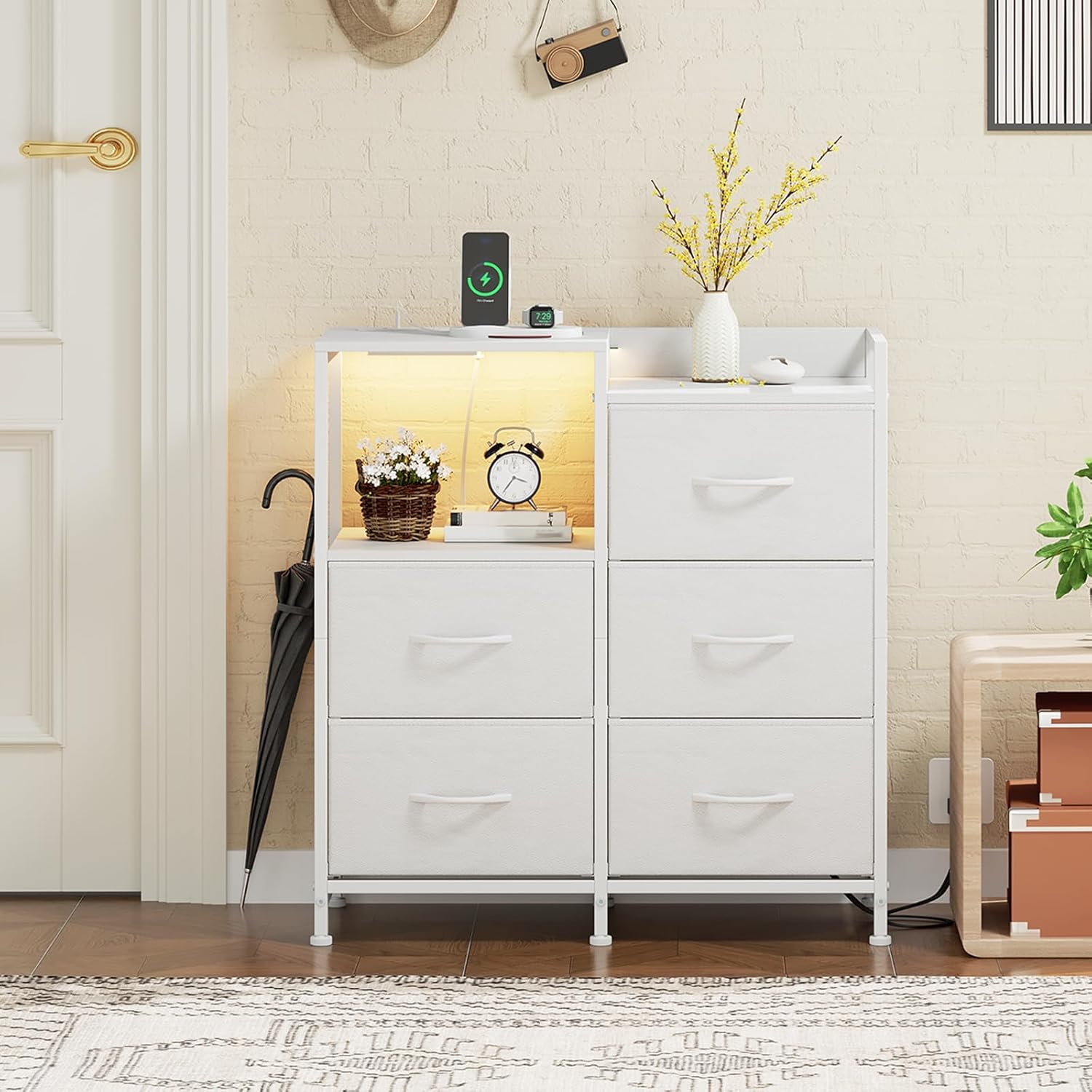 Somdot White Nightstand with Charging Station and LED Light, Wide 5 Drawers Dresser for Bedroom with Fabric Bins and Open Shelf for Bedroom Kids Closet Dorm Guest Room, White Leather - Image 9
