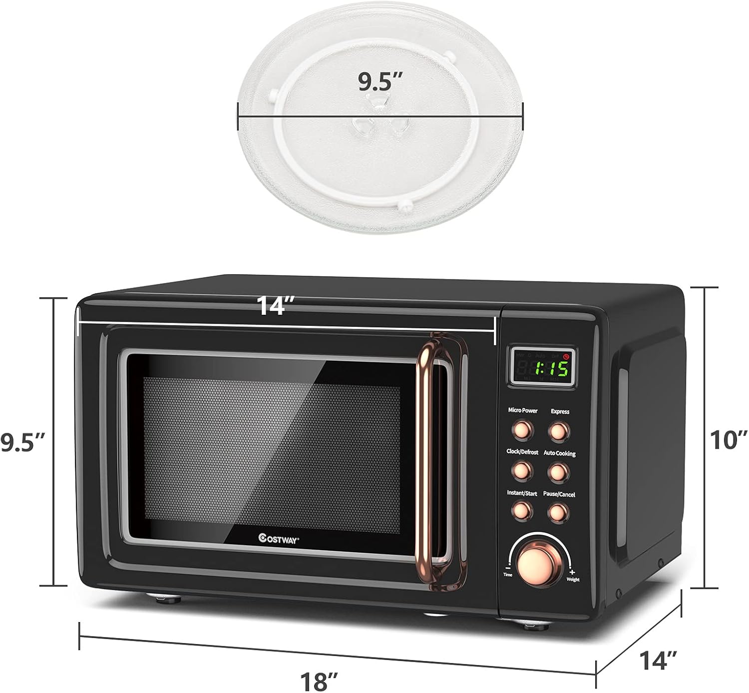 COSTWAY Retro Countertop Microwave Oven, 0.7Cu.ft, 700-Watt, High Energy Efficiency, 5 Micro Power, Delayed Start Function, with Glass Turntable & Viewing Window, LED Display, Child Lock (Gold) - Image 7
