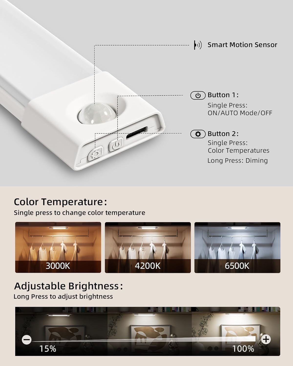 EZVALO Under Cabinet Lighting, Wireless Closet Lights, 50 LED Rechargeable Motion Sensor Light, Dimmable, 3 Color Temperatures, 11.8 inch Counter lights for Kitchen, Pantry, Bedroom, Wardrobe (3 Pack) - Image 4